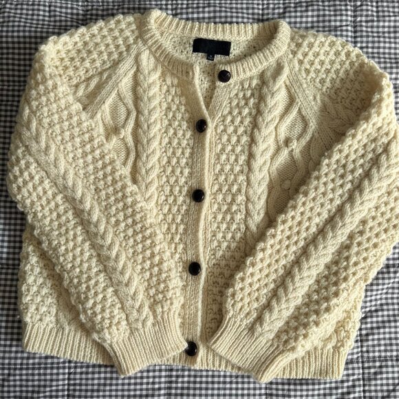 NILI LOTAN 100% PERUVIAN WOOL CHUNKY CABLE KNIT CARDIGAN HAND KNIT VINTAGE STYLE - Picture 1 of 9